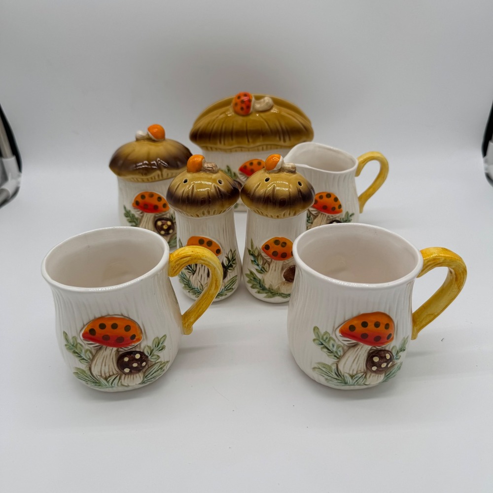 Vintage 70s Sears Merry Mushroom Ceramic 7 Pc Tabletop Hostess Set Japan
